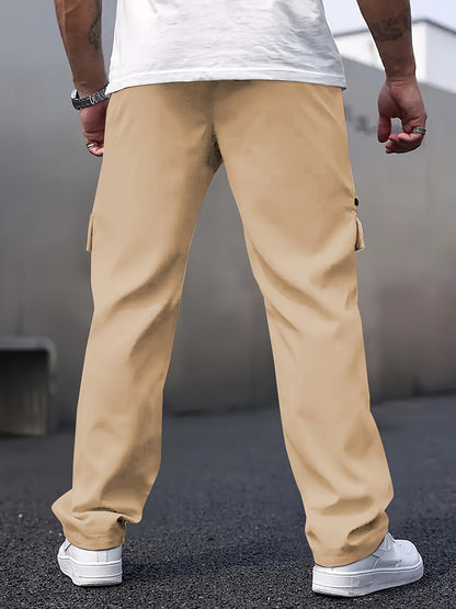 Pantaloni cargo casual da uomo con tasche multiple - Gamba dritta, vestibilità ampia, beige, dettagli con cerniera, perfetti per primavera e autunno