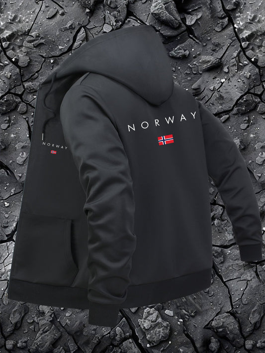 Giacca casual da uomo con cappuccio e stampa della mappa della Norvegia - Chiusura con cerniera, fodera in poliestere, tasche multiple, elegante design nero con logo rosso e bianco, capospalla casual |