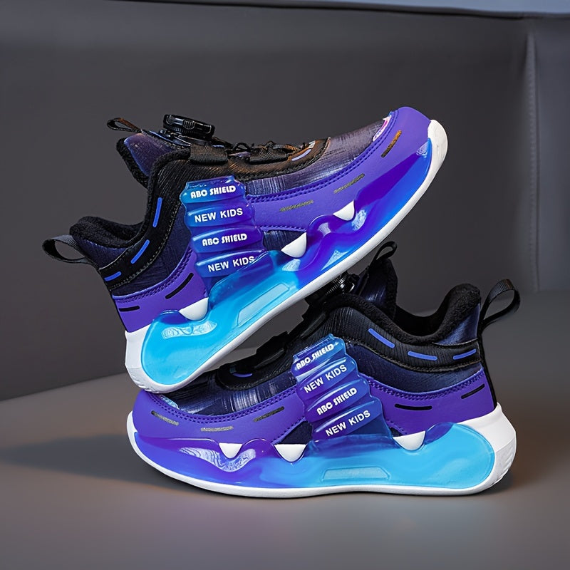 Boy's Trendy High Top Basketball Shoes With Rotating Buckle, Comfy Non Slip Shock Absorption Sneakers For Kids Outdoor Activities