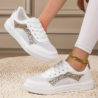 Women'S Fashion Sneakers | Comfortable Low-Top Lace-Up Casual Sports Shoes | Breathable Synthetic Cover with Glitter Accents | All-Season EVA Sole | Versatile Round-Toe Design, Ladies Sneaker