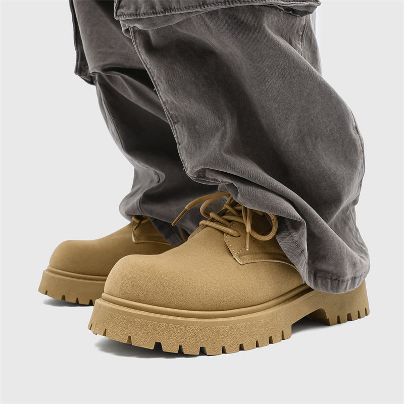 Men's Casual Retro Workwear Derby Shoes - Thick Sole Height Increase, Breathable Upper, Lace-Up Round Toe Design for Spring/Fall, Tan Rubber Outsole & EVA Cushioning, Fall Comfort Footwear, Minimalist Style, Durable Footwear,