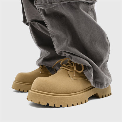 Men's Casual Retro Workwear Derby Shoes - Thick Sole Height Increase, Breathable Upper, Lace-Up Round Toe Design for Spring/Fall, Tan Rubber Outsole & EVA Cushioning, Fall Comfort Footwear, Minimalist Style, Durable Footwear,