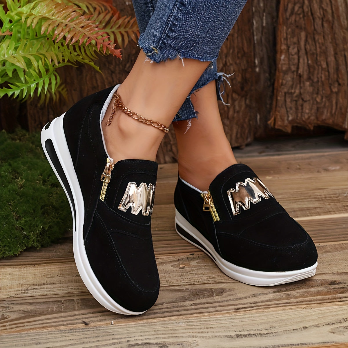 Sneakers con zeppa alla moda da donna, scarpe sportive casual, resistenti ed eleganti con cerniera e lettere decorative, comode e traspiranti, per tutti i giorni
