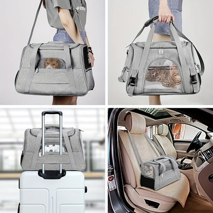 Trasportino portatile per gatti con materassino in peluche - Borsa da viaggio traspirante di grande capacità per le gite con animali domestici, chiusura con cerniera, rete ventilata e fodera morbida, cinghie di sicurezza per auto e uso esterno