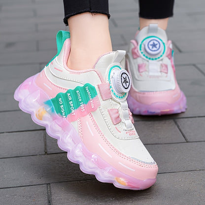 Kids' Preppy Sports Sneakers with Rotating Buckle, Lightweight EVA Sole, Non-Slip PU Upper, Comfortable Fabric Lining, Alphabet Pattern, All-Season Casual Footwear for Outdoor Activities, Training, Hiking - Ideal for Valentin