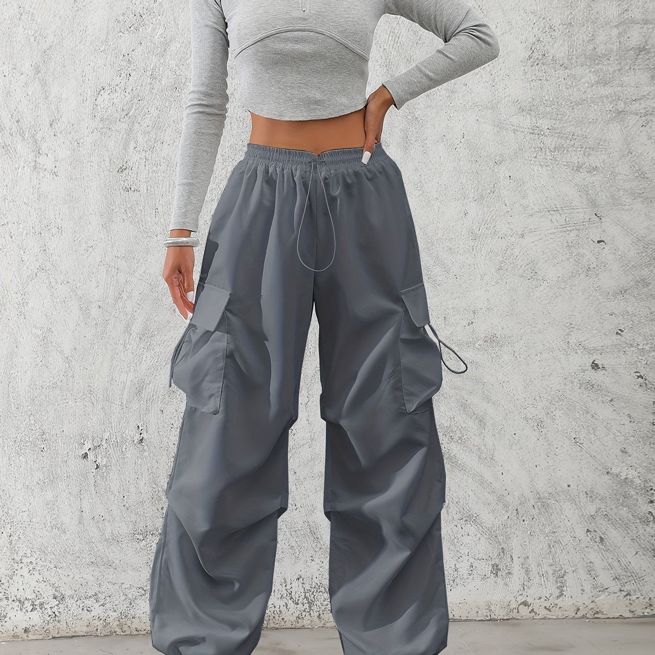 Women'S Fashionable Solid Color Polyester Cargo Pants, 100% Polyester, All-Season, Drawstring Waist, Woven, 120g/m², Adult Casual Elegant Trousers