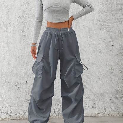 Women'S Fashionable Solid Color Polyester Cargo Pants, 100% Polyester, All-Season, Drawstring Waist, Woven, 120g/m², Adult Casual Elegant Trousers