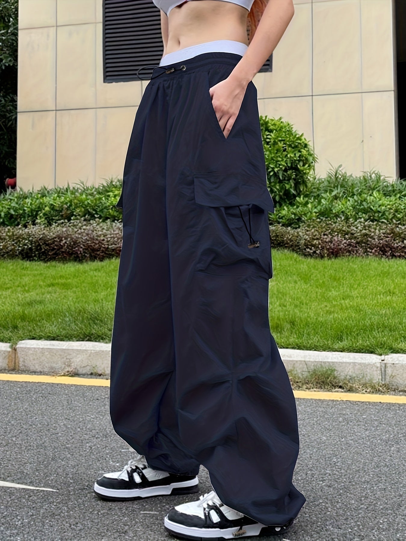 Pantaloni cargo drappeggiati Y2K, pantaloni streetwear con coulisse e tasche, abbigliamento da donna