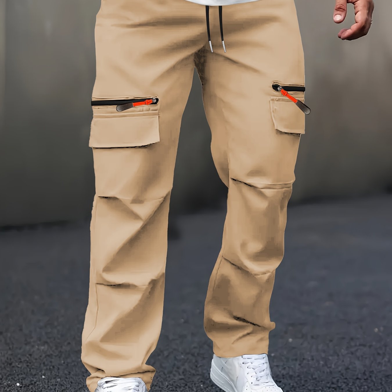 Pantaloni cargo casual da uomo con tasche multiple - Gamba dritta, vestibilità ampia, beige, dettagli con cerniera, perfetti per primavera e autunno