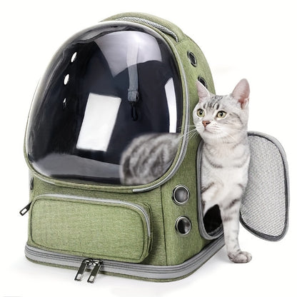 Fashion Style Solid Color Pet Backpack, Breathable Cat Carrier with Transparent Bubble, Large Space Capsule Backpack for Cats and Small Dogs up to 18lbs, Durable Oxford Cloth Zippered Bag for Travel and Hiking - Universal Fit