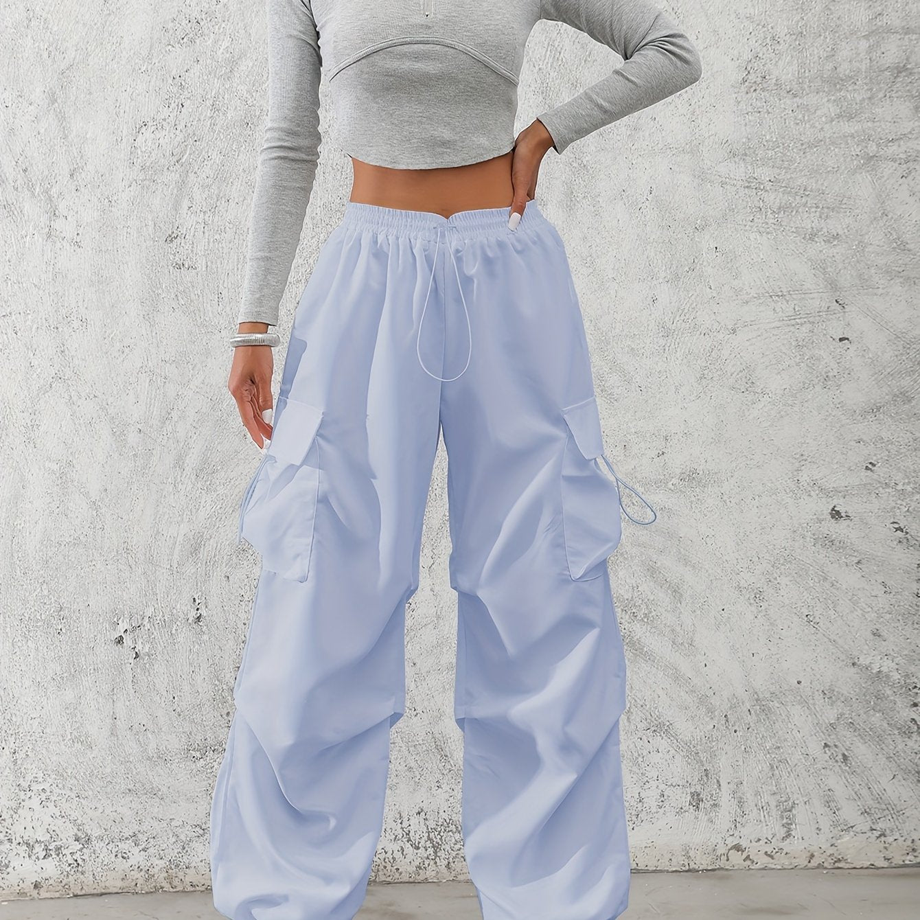 Women'S Fashionable Solid Color Polyester Cargo Pants, 100% Polyester, All-Season, Drawstring Waist, Woven, 120g/m², Adult Casual Elegant Trousers