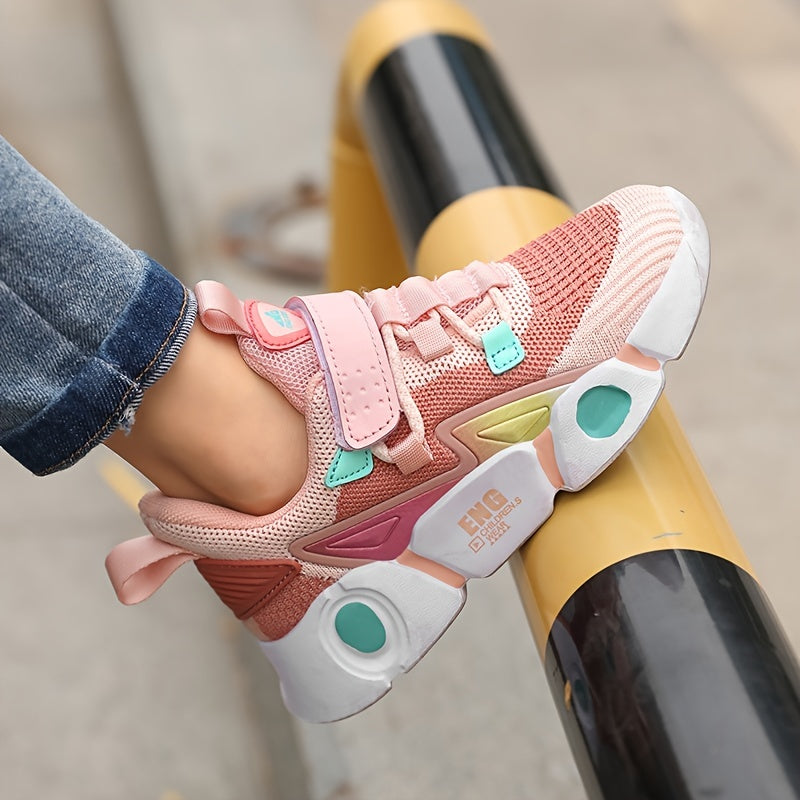Sneakers traspiranti in maglia per bambine - Sneakers basse a righe alla moda con chiusura a strappo, leggere e comode per tutte le stagioni, design rosa e nero con tomaia in mesh e suola in EVA, adatte ai piedi dei più piccoli.