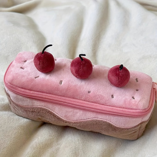 Astuccio portapenne a forma di torta con ciliegie, grazioso astuccio portapenne in peluche con cerniera, grande capacità, organizer portatile per cancelleria