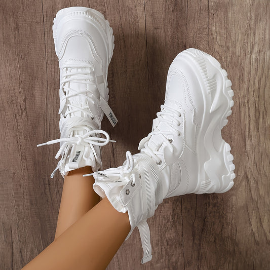 High-Top Fashion Sneakers for Women - Solid Color EVA Fabric Lace-Up Round Toe Casual Boots with Polyurethane Sole and Fabric Inner - Versatile All-Season Streetwear Shoes