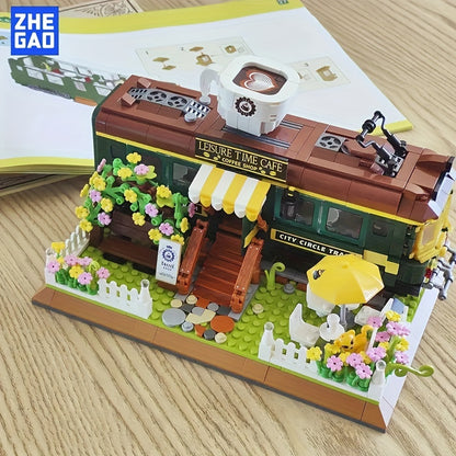 1081pcs Train Cafe House Assembled Toy Ornament, Green Faux Leather Train, City Shop, Street Scene Assembly Toy Model, Creative Retro Construction Set, Halloween/Thanksgiving Day/Christmas gift