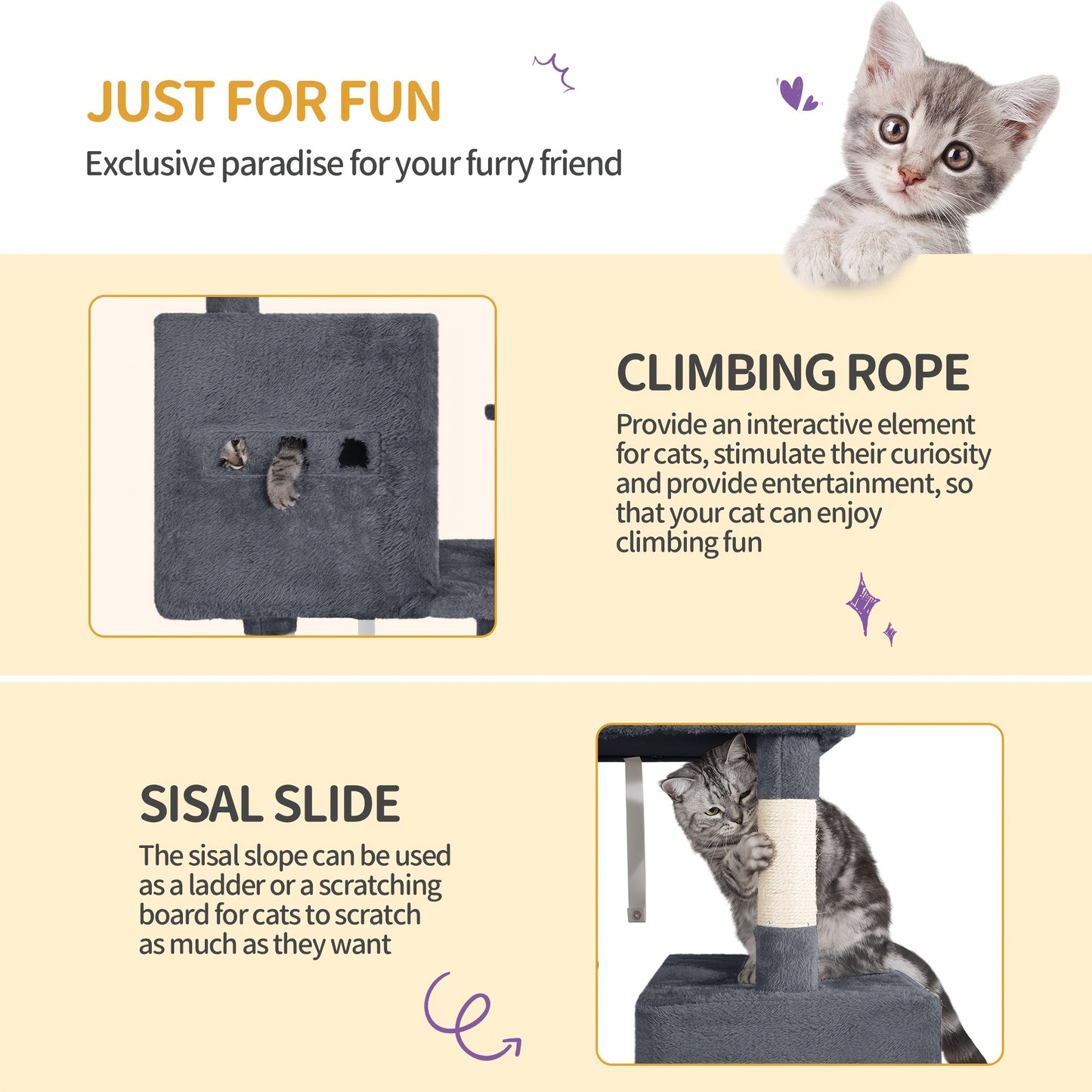 Large Scratching Post, 193cm Cat Tree, Multi-storey Cat Scratching Post for Large Cats, with 3 Caves, 6 Scratching Posts, 1 Lounger, 3 Plush Balls, Dark Grey/light Grey