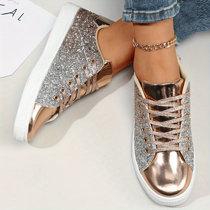 Sneakers da skateboard con paillettes da donna, tomaia in PU antiscivolo per tutte le stagioni, suola in TPR, soletta e fodera in tessuto, design a tinta unita