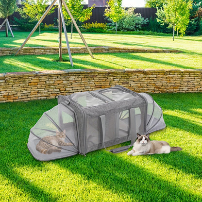 Expandable Cat Carrier Bag, 17.3x20.9x13 inches, Contemporary Style, Deep Gray, Portable Pet Travel Cage with Mesh Windows & Shoulder Strap