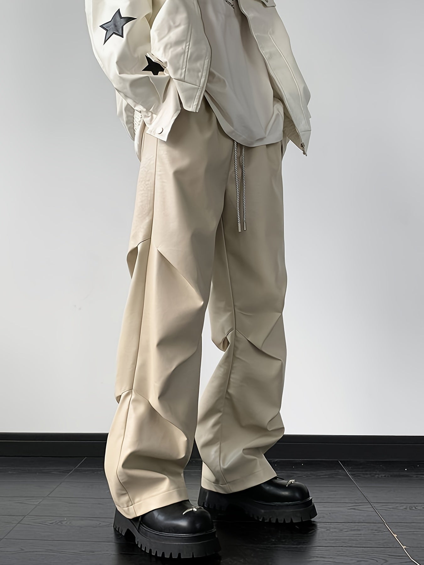 Men's Chic Loose Fit Faux Leather Pants, Street Style Baggy Pants K-pop