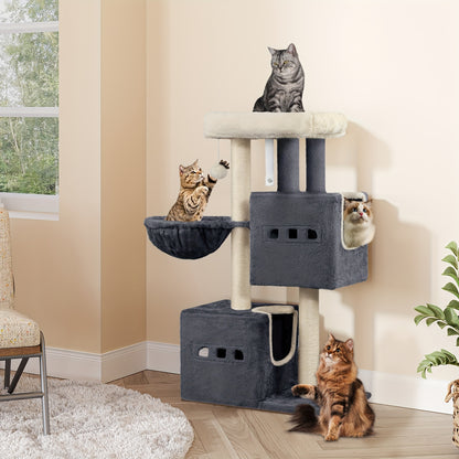 98cm Scratching Post, Cat Tree, Small Scratching Post, Multi-storey Scratching Post with Perch, Cat House Furniture with 2 Caves, Sisal Cat Scratching Post, Hammock, Cave, Dark Grey/light Grey, Cat Climbing Tree, Feline Enric