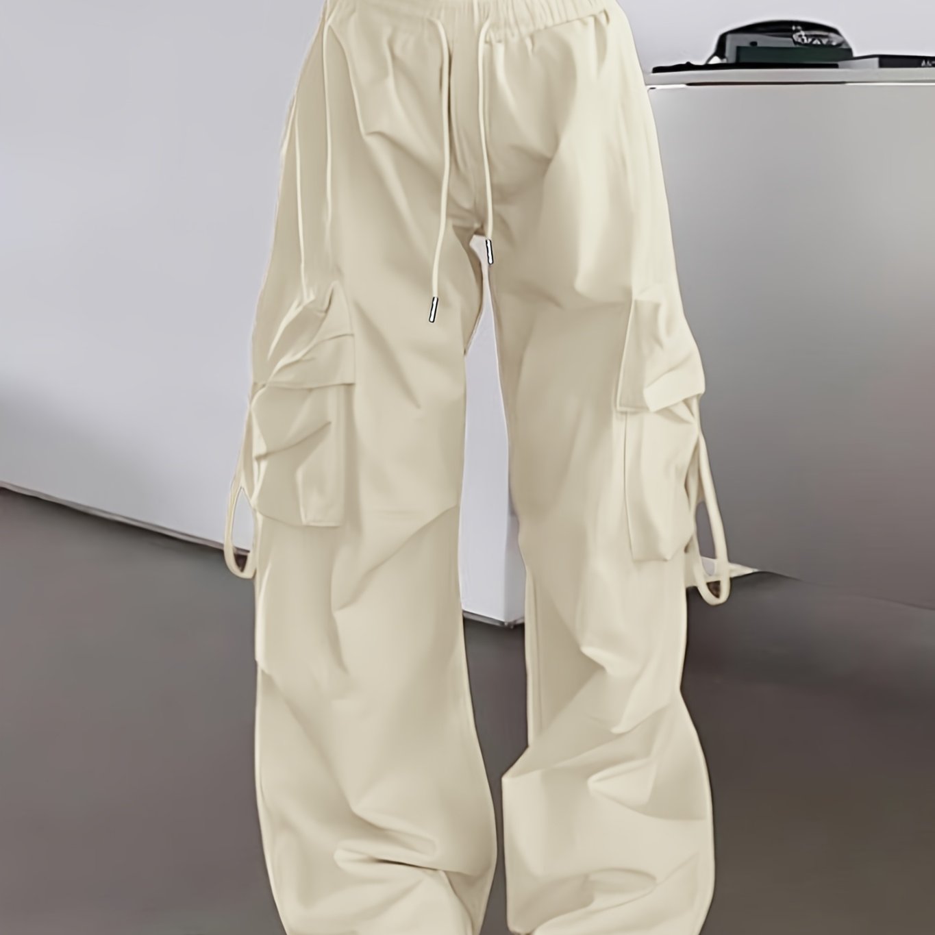 1pc Y2K Style Women's Cargo Pants, 100% Polyester Solid Color Loose Fit with Side Pockets and Drawstring Waist, Glossy Woven Fabric, Unlined - Spring/Summer/Fall Collection