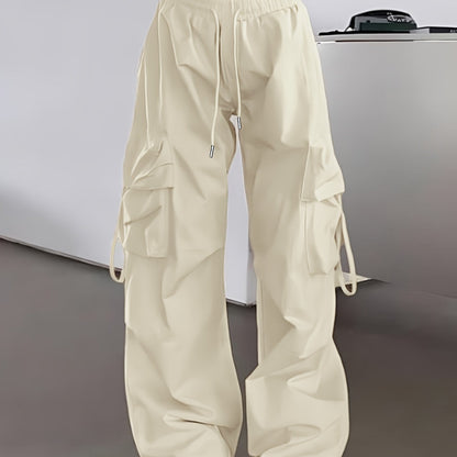 1pc Y2K Style Women's Cargo Pants, 100% Polyester Solid Color Loose Fit with Side Pockets and Drawstring Waist, Glossy Woven Fabric, Unlined - Spring/Summer/Fall Collection
