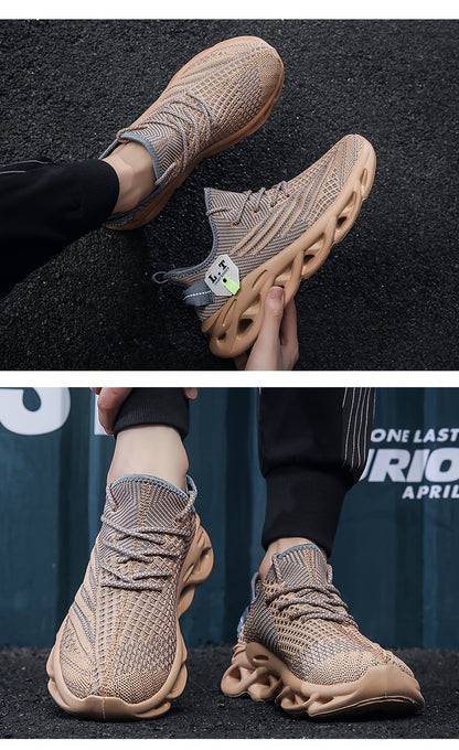 Scarpe da corsa traspiranti in maglia da uomo con assorbimento degli urti, comode sneakers con lacci e suola morbida per jogging all'aperto, primavera ed estate