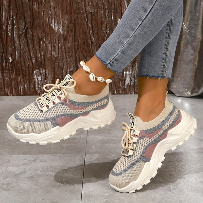 Sneakers da donna con plateau in rete traspirante, scarpe casual con lacci per esterni, comode scarpe sportive basse taglie forti