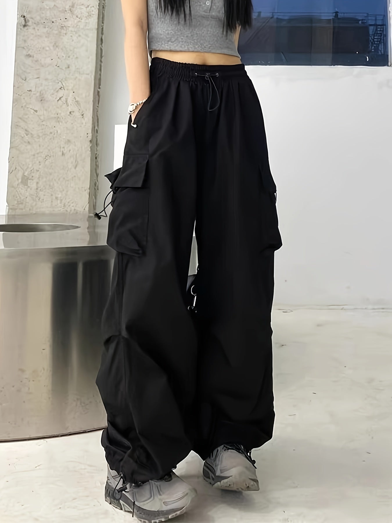 1pc Women'S Casual Cargo Pants, Solid Color Polyester, Spring/Fall Fashion, Multiple Pockets, Woven Weave, Adult Fit