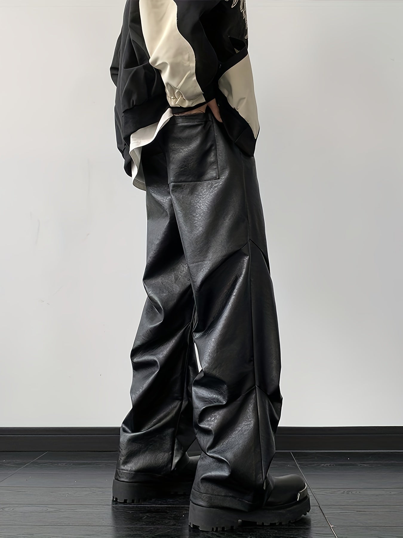 Men's Chic Loose Fit Faux Leather Pants, Street Style Baggy Pants K-pop