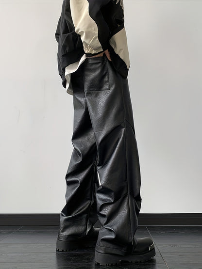 Men's Chic Loose Fit Faux Leather Pants, Street Style Baggy Pants K-pop