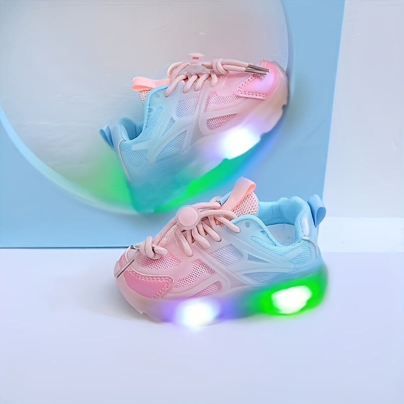 Sneakers in mesh traspirante per bambini con luci LED - Design geometrico alla moda, suola in PVC antiscivolo per ragazzi e ragazze