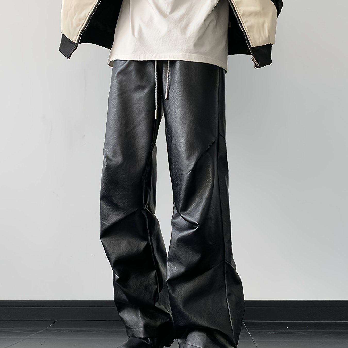 Men's Chic Loose Fit Faux Leather Pants, Street Style Baggy Pants K-pop