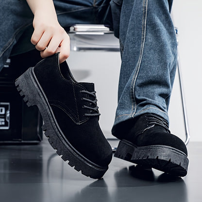 Men's Casual Retro Workwear Derby Shoes - Thick Sole Height Increase, Breathable Upper, Lace-Up Round Toe Design for Spring/Fall, Tan Rubber Outsole & EVA Cushioning, Fall Comfort Footwear, Minimalist Style, Durable Footwear,