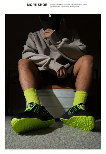 Scarpe antinfortunistiche da lavoro antiscivolo antiforatura con punta in acciaio da uomo, scarpe da ginnastica traspiranti in maglia intrecciata per edilizia industriale