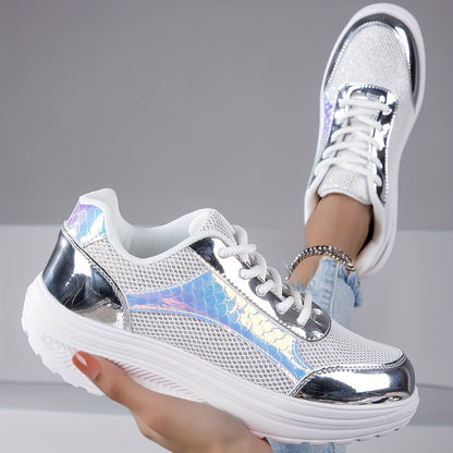 Scarpe da ginnastica casual comode e ammortizzate con suola spessa e rialzo argentato