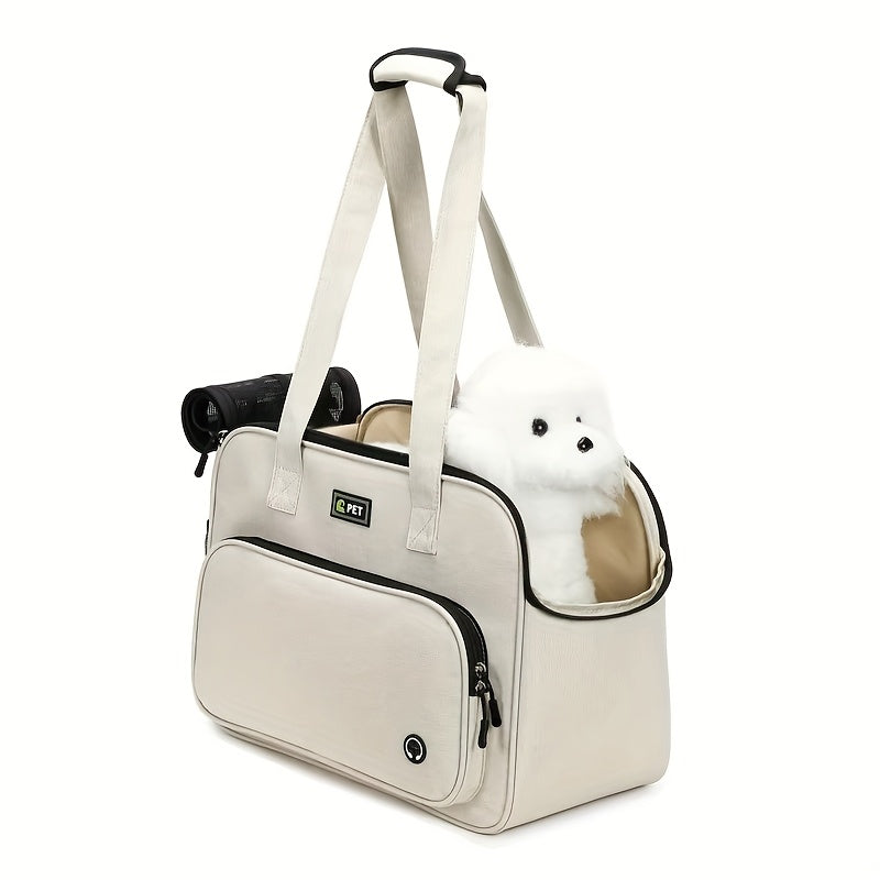 1pc Lightweight Minimalist White Cat & Dog Shoulder Bag - Large Capacity Breathable Pet Carrier with Multiple Compartments, Adjustable Strap, Secure Zipper Closure & Side Pockets, Perfect for Outdoor Travel, Shopping, and Dai