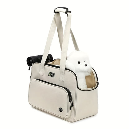 1pc Lightweight Minimalist White Cat & Dog Shoulder Bag - Large Capacity Breathable Pet Carrier with Multiple Compartments, Adjustable Strap, Secure Zipper Closure & Side Pockets, Perfect for Outdoor Travel, Shopping, and Dai
