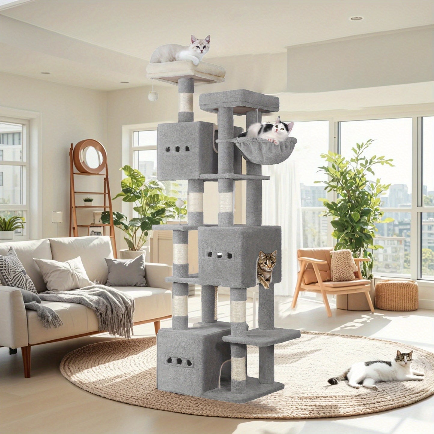 Large Scratching Post, 193cm Cat Tree, Multi-storey Cat Scratching Post for Large Cats, with 3 Caves, 6 Scratching Posts, 1 Lounger, 3 Plush Balls, Dark Grey/light Grey