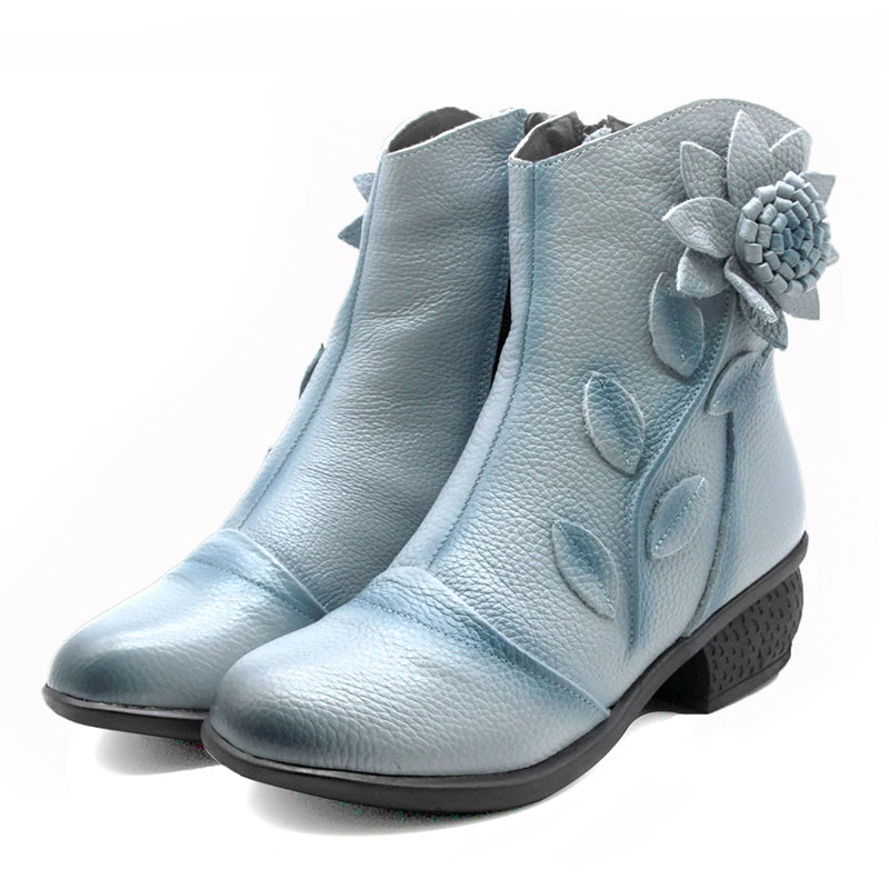 Stivali da donna scarpe donna scarpa a tacco basso in vera pelle Vintage fatta a mano punta tonda scarpe di alta qualità scarpe moda invernale donna