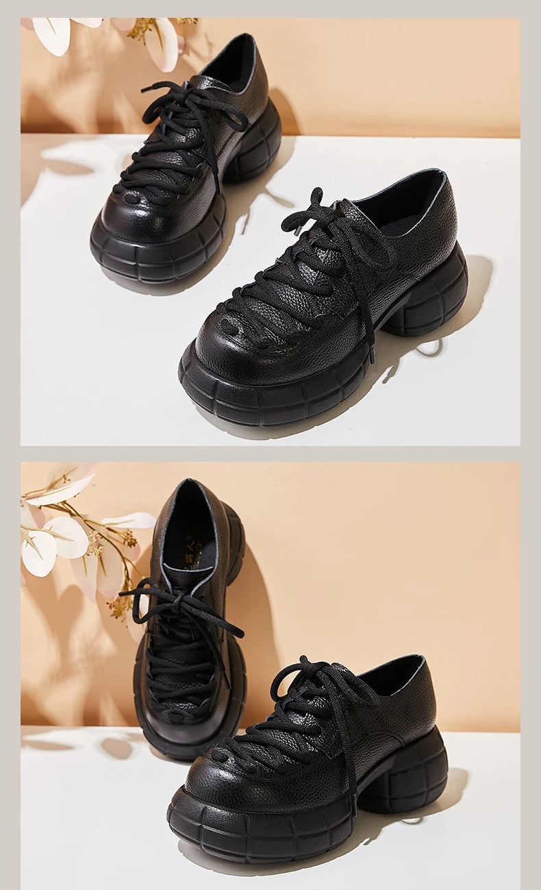 GKTINOO Genuino Del Cuoio 2025 Primavera Nuovo Punta Rotonda Suola Spessa Lace Up Mocassini Casual Versatile Scarpe Piattaforma Piatta da Donna