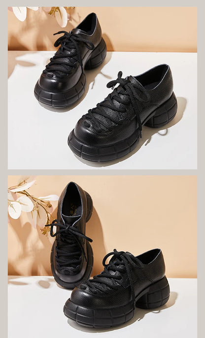 GKTINOO Genuino Del Cuoio 2025 Primavera Nuovo Punta Rotonda Suola Spessa Lace Up Mocassini Casual Versatile Scarpe Piattaforma Piatta da Donna