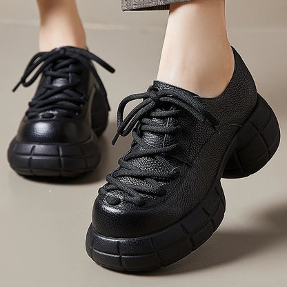 GKTINOO Genuino Del Cuoio 2025 Primavera Nuovo Punta Rotonda Suola Spessa Lace Up Mocassini Casual Versatile Scarpe Piattaforma Piatta da Donna