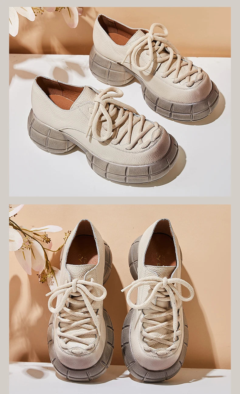 GKTINOO Genuino Del Cuoio 2025 Primavera Nuovo Punta Rotonda Suola Spessa Lace Up Mocassini Casual Versatile Scarpe Piattaforma Piatta da Donna