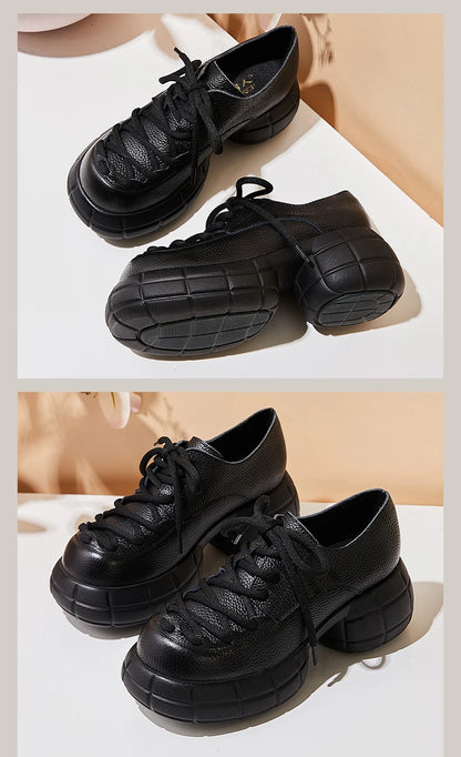 GKTINOO Genuino Del Cuoio 2025 Primavera Nuovo Punta Rotonda Suola Spessa Lace Up Mocassini Casual Versatile Scarpe Piattaforma Piatta da Donna