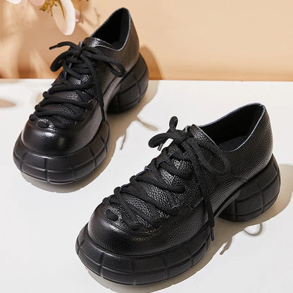 GKTINOO Genuino Del Cuoio 2025 Primavera Nuovo Punta Rotonda Suola Spessa Lace Up Mocassini Casual Versatile Scarpe Piattaforma Piatta da Donna