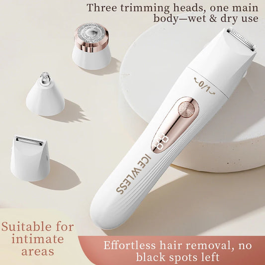 Rasoio elettrico da donna 3 in 1, epilatore portatile indolore, rifinitore bikini, rasoio per il viso, per corpo, ascelle e gambe.
