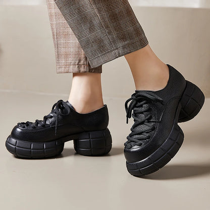 GKTINOO Genuino Del Cuoio 2025 Primavera Nuovo Punta Rotonda Suola Spessa Lace Up Mocassini Casual Versatile Scarpe Piattaforma Piatta da Donna