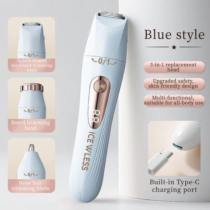 Rasoio elettrico da donna 3 in 1, epilatore portatile indolore, rifinitore bikini, rasoio per il viso, per corpo, ascelle e gambe.