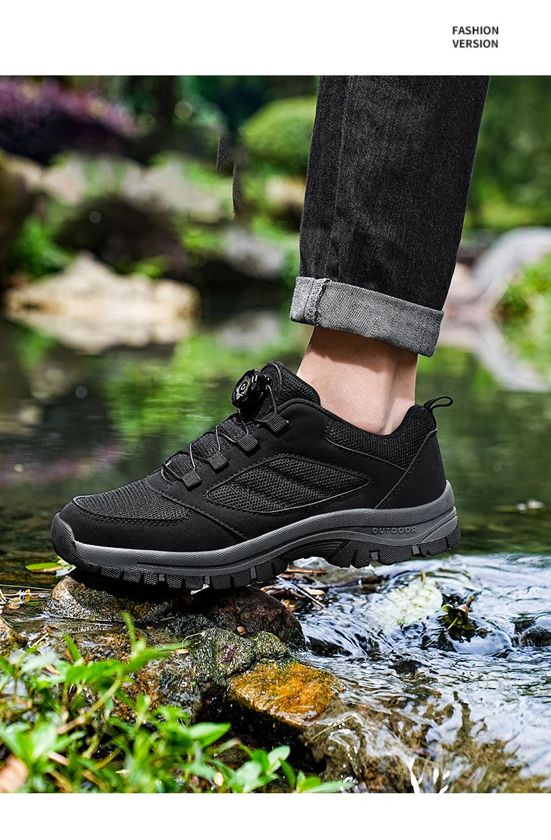 Scarpe da ginnastica da uomo Stivali da trekking eleganti con fibbia rotante Tinta unita Scarpe sportive comode antiscivolo Scarpe da uomo taglie forti in pelle